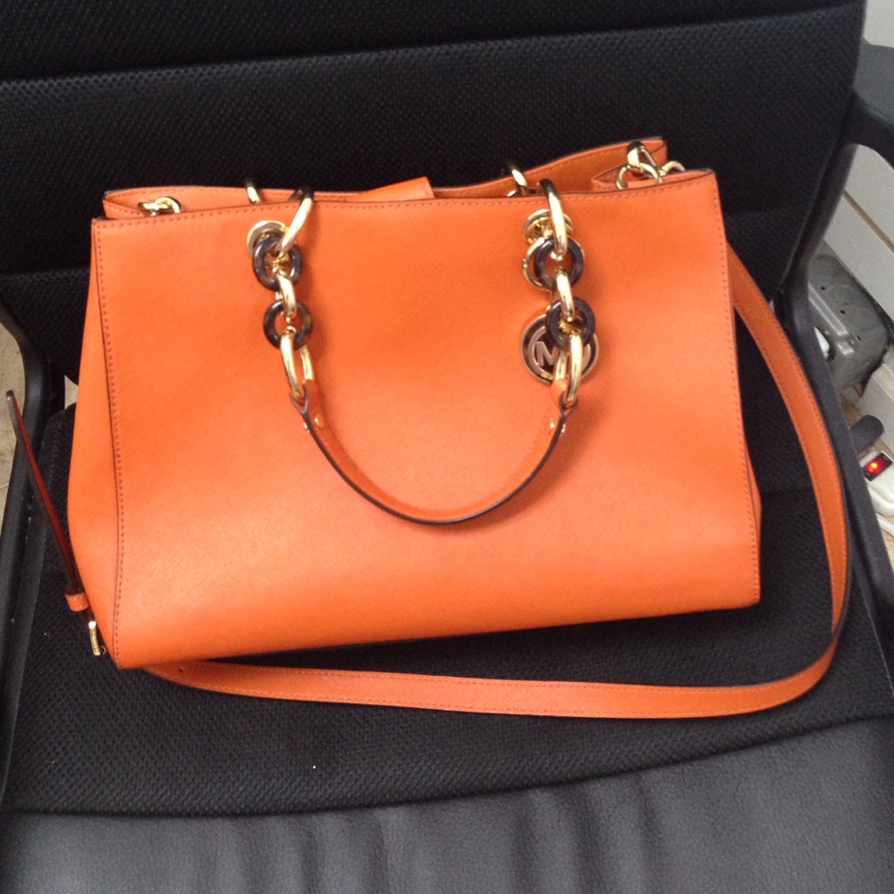 Michael Kors Orange Leather Chain-Handle Crossbody Tote